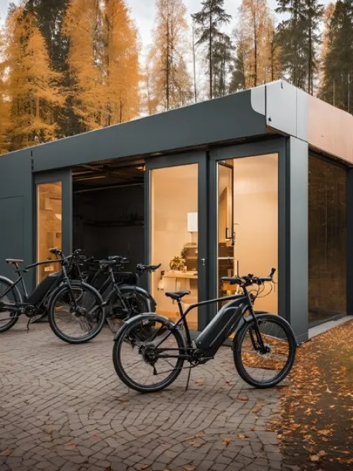 Moderni rakennus metsän laidalla, edessä kolme sähköpyörää, syksyinen tausta.