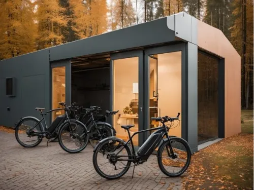 Moderni rakennus metsän laidalla, edessä kolme sähköpyörää, syksyinen tausta.